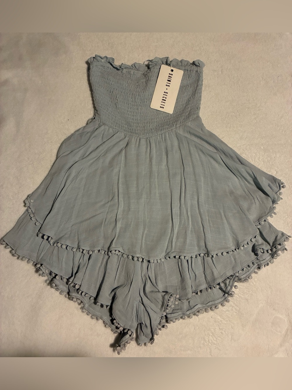Saints + Secrets Sage Strapless Smocked Romper Pom Pom Ruffle Trim Size S